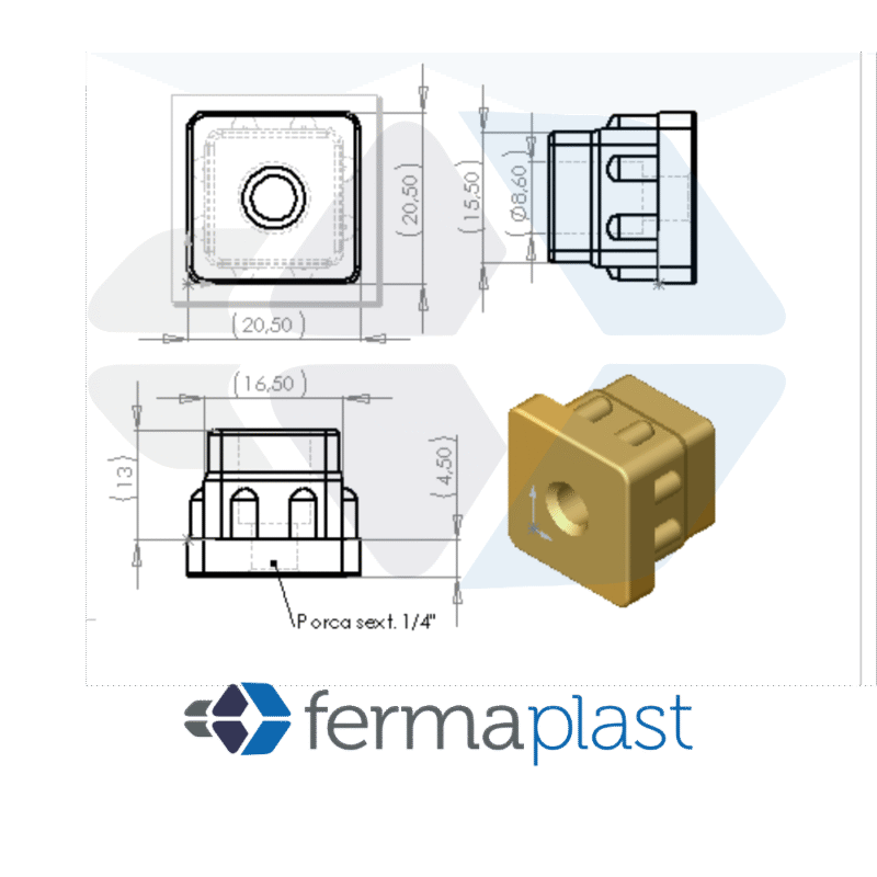 Ponteira Plástica 20x20 Mm Interna Reta Porca 1/4"