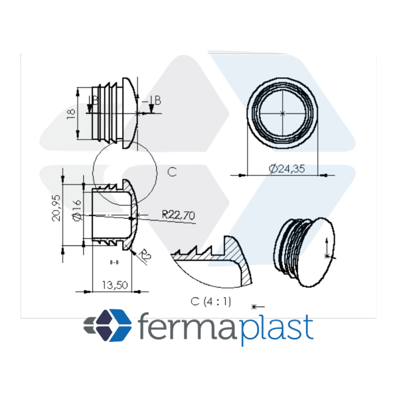 PRODUTO - 10123 - 2110 Ponteira Plástica 1" Interna Abaulada Garra Lateral Tubo 2 Mm